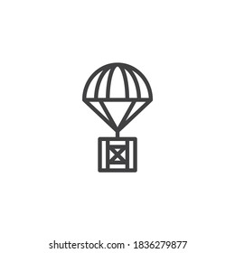 Parachute with box line icon. linear style sign for mobile concept and web design. Air shipping outline vector icon. Symbol, logo illustration. Vector graphics