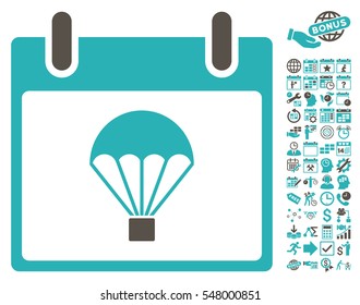 Parachute Calendar Day icon with bonus calendar and time management images. Vector illustration style is flat iconic symbols, grey and cyan, white background.