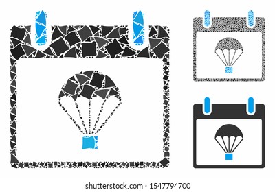 Parachute calendar day mosaic of tuberous elements in variable sizes and color tones, based on parachute calendar day icon. Vector tuberous pieces are grouped into collage.