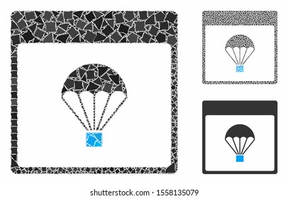 Parachute calendar page composition of joggly pieces in different sizes and color tinges, based on parachute calendar page icon. Vector irregular pieces are composed into composition.