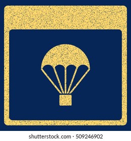 Parachute Calendar Page grainy textured icon for overlay watermark stamps. Flat symbol with scratched texture. Dotted vector yellow ink rubber seal stamp with grunge design on a blue background.