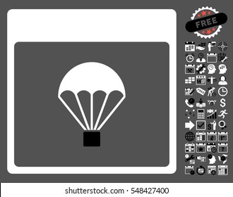 Parachute Calendar Page icon with bonus calendar and time management clip art. Vector illustration style is flat iconic symbols, black and white, gray background.