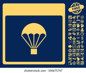 Parachute Calendar Page icon with bonus calendar and time management design elements. Vector illustration style is flat iconic symbols, yellow, blue background.