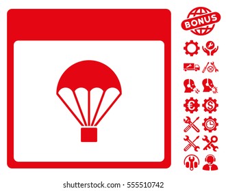 Parachute Calendar Page icon with bonus service icon set. Vector illustration style is flat iconic symbols, red, white background.