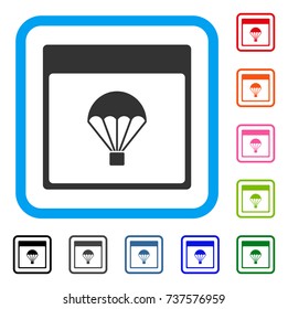 Parachute Calendar Page icon. Flat gray iconic symbol inside a light blue rounded rectangular frame. Black, gray, green, blue, red, orange color variants of Parachute Calendar Page vector.