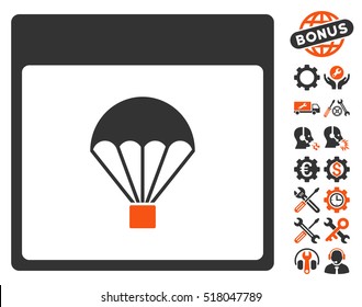 Parachute Calendar Page pictograph with bonus options pictograms. Vector illustration style is flat iconic symbols, orange and gray, white background.