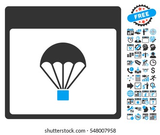 Parachute Calendar Page pictograph with bonus calendar and time management images. Vector illustration style is flat iconic symbols, blue and gray, white background.