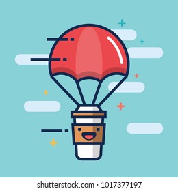 Concepto de entrega de cara sonriente de paracaidismo con copa de café