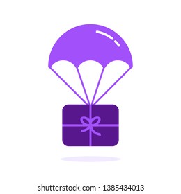 parachute with color gift card. concept of xmas promo saving, happy valentine day bargain sale and special or best offer. flat cartoon simple giftcard logotype graphic design isolated on white