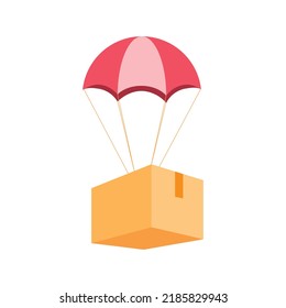Parachute delivering cardboard box. Flat color.