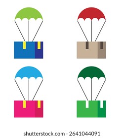 Parachute Delivering a Parcel Different Colors Set. Postal services and product delivery vector art