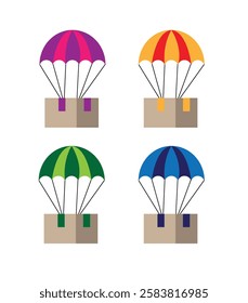 Parachute Delivers Parcel Different Colors Set. Trading and sales concept vector art