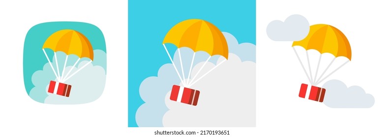 Parachute delivery gift box flying vector or fast international package parcel shipping by air mail postal flat, concept of online export service, humanitarian assist aid pack airdrop, shop courier 