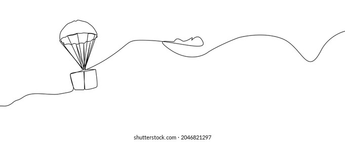 parachute delivery objects jump down in the air while the white cloudy. Parachute order box  concept design. white background. Transportation on the air. black friday sales delivery.