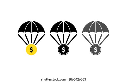 Parachute with dollar gold coin icon set. Money sign. Delivery concept. Vector EPS 10. Isolated on white background