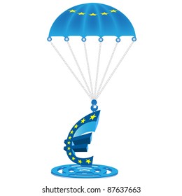 Parachute with the European flag on it holding a Euro