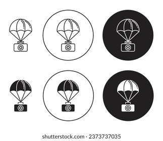 Parachute with first aid kit icon set. disaster emergency relief goods vector symbol in black filled and outlined style.