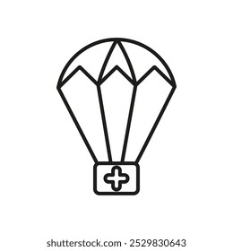 Paracaídas con el icono del kit de primeros auxilios línea plana símbolo conjunto.