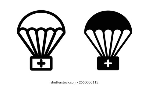 Parachute with first aid kit Icon set in black filled and line.