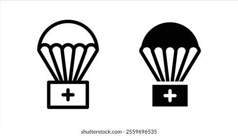 Parachute with first aid kit Icon collection in filled and stroke style.