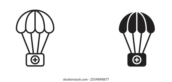 Parachute with first aid kit Icon set in black color for ui designs