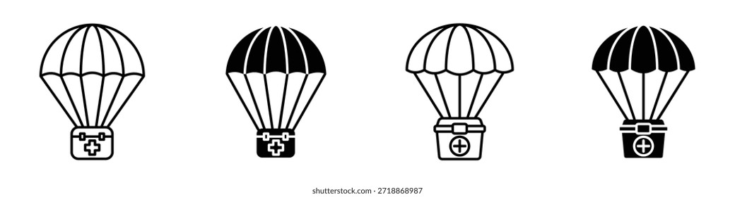 Parachute with first aid kit icon in linear and clipart style pack on white background.