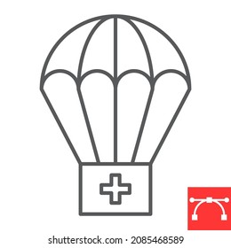 Paracaídas con icono de línea del kit de primeros auxilios, caja médica y emergencia, icono del vector de ayuda humanitaria, gráficos vectoriales, símbolo de contorno de trazo editable, eps 10.