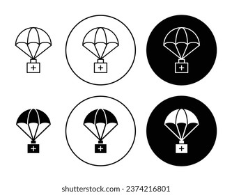 Parachute with first aid kit sign icon set. Disaster emergency relief goods vector symbol in black filled and outlined style.