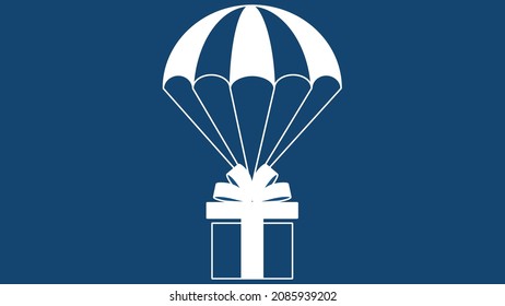Paracaídas con caja de regalo aislado en fondo azul