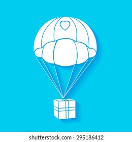 Parachute gift box package aerial post delivery emblem icon vector illustration
