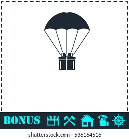 Parachute gift box package icon flat. Simple vector symbol and bonus icon