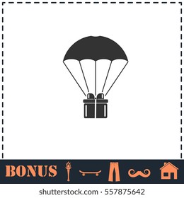 Parachute gift box package icon flat. Simple vector symbol and bonus icon