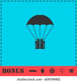 Parachute gift box package icon flat. Simple vector symbol and bonus icon