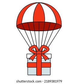 parachute with a gift descends to the ground. send a parcel by air. flat vector illustration.