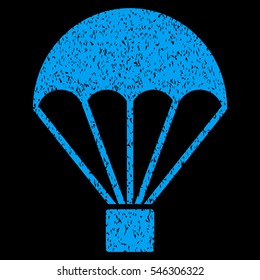 Parachute grainy textured icon for overlay watermark stamps. Flat symbol with dirty texture. Dotted vector blue ink rubber seal stamp with grunge design on a black background.