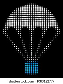 Parachute halftone vector icon. Illustration style is dotted iconic parachute symbol on a black background. Halftone texture is made with round items.