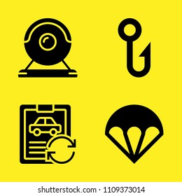 Parachute, Hook, Webcam And Car Repair Vector Icon Set. Sample Icons Set For Web And Graphic Design