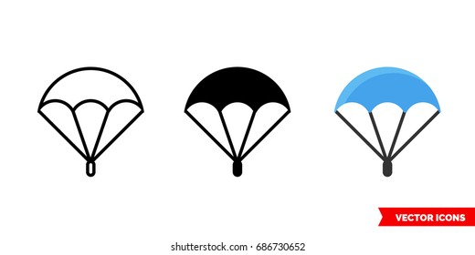 Parachute icon of 3 types: color, black and white, outline. Isolated vector sign symbol.