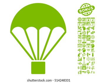 Parachute icon with bonus calendar and time service pictograph collection. Vector illustration style is flat iconic symbols, eco green color, white background.