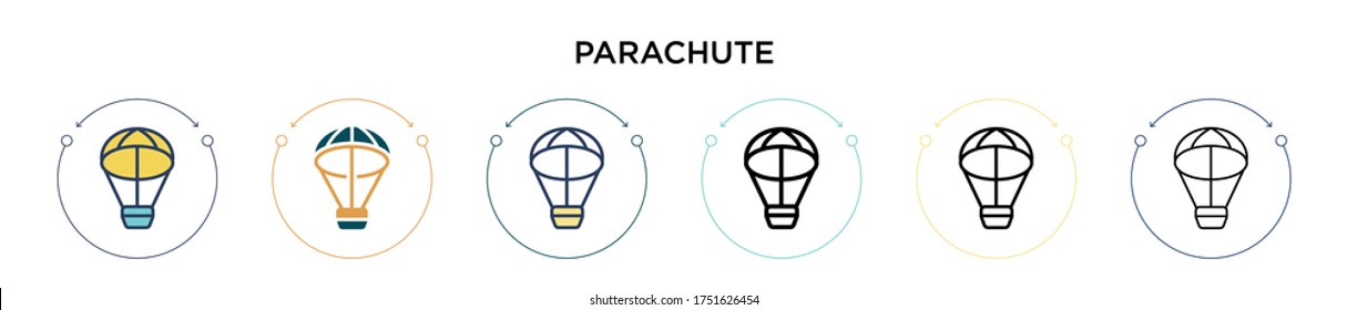 Icono de paracaídas en estilo relleno, delgado, contorno y trazo. Ilustración vectorial de dos iconos vectores de paracaídas de color y negro se puede utilizar para móviles, ui, web