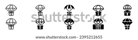 Parachute icon. Gift Box on a Parachute. Fast delivery cargo icon. Parachute with gift box. fast delivery gift box package aerial post delivery emblem icon, Gift box flying on parachute icon