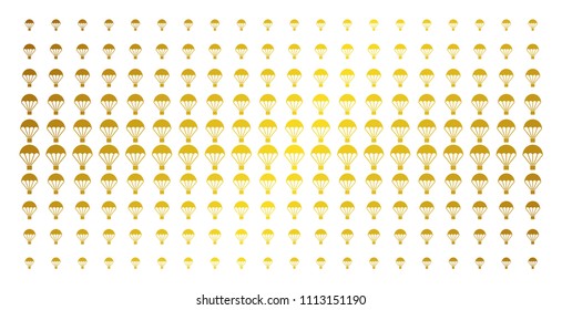 Parachute icon golden halftone pattern. Vector parachute objects are arranged into halftone array with inclined gold color gradient. Constructed for backgrounds, covers,