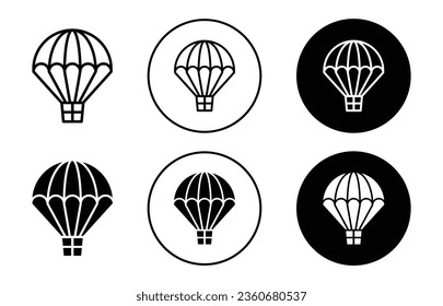 parachute icon. Hot air balloon for travel transport symbol. Floating stripped aerostat flight with basket vector.