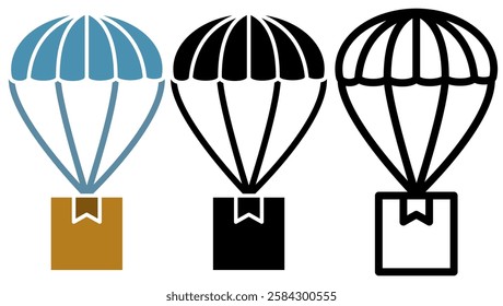 parachute icon with package box, simple flat style, illustration, logo sign symbol pictogram template, for ui or ux isolated on white for mobile app, editable