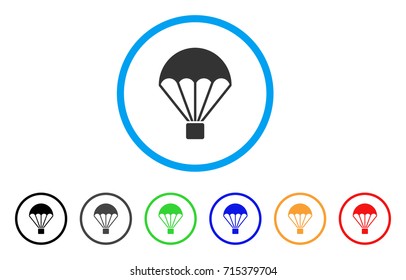 Parachute icon. Vector illustration style is a flat iconic parachute grey rounded symbol inside light blue circle with black, gray, green, blue, red, orange color versions.