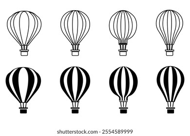 Parachute icon, vector set. Symbol of parachute, balloon, airdrop box, transport. Hot air balloon icon, silhouette design. Line icon of parachute, hot air balloon. Vector illustration.