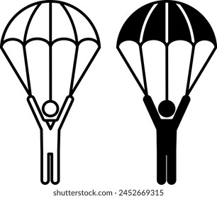 Parachute icons. Black and White Vector Icon of Man with Opened Parachute. Skydiving. Extreme Sports and Entertainment