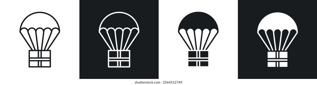 Parachute icons collection in black filled and line style.