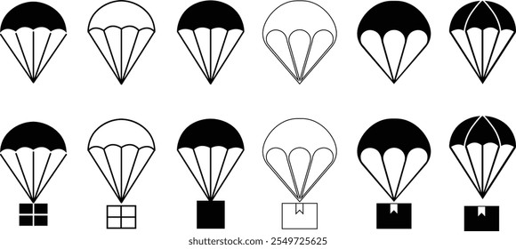 Parachute icons set flat and line styles. Delivery service symbol. Free descent and flight in space delivery gift and good with sudden pleasant surprise help Vector isolated on transparent background.