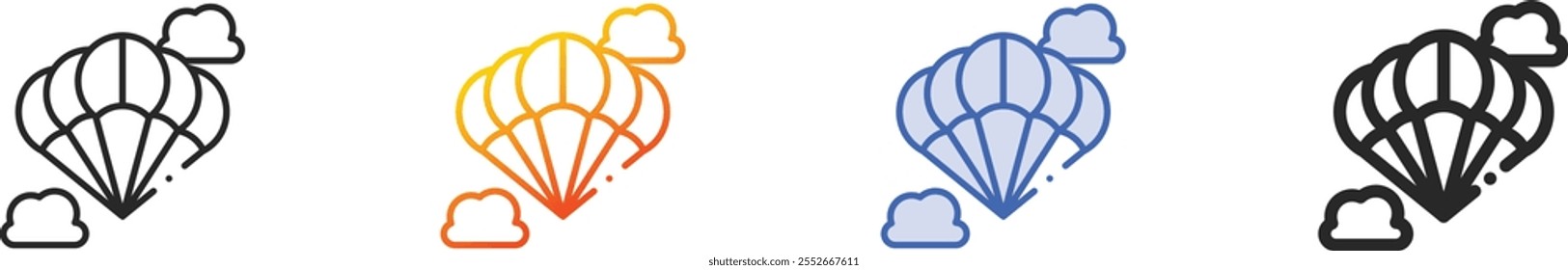icono de paracaídas. Diseño lineal delgado, degradado, trazo azul y estilo audaz aislado sobre fondo blanco